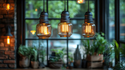 Obraz premium Industrial lighting featuring exposed filament bulbs hanging from rustic metal fixtures