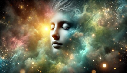 A face with closed eyes, floating in a cosmic or dream-like environment