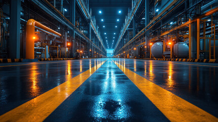 Fototapeta premium Industrial lighting illuminating a high-tech factory floor during nighttime operations