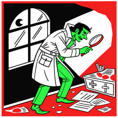 A decaying zombie detective, trench coat, fedora, meticulously examines a crime scene;  his undead hand holds a magnifying glass.