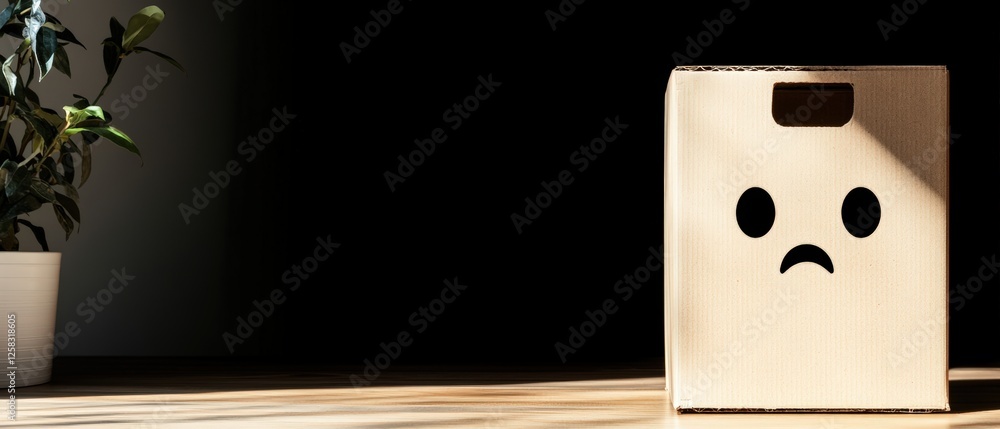 Aufkleber white box with a face drawing surrounded by cardboard boxes in an indoor space with empty text area