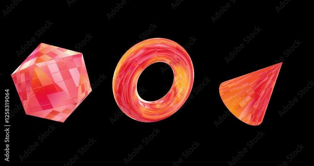 Poster Set of 3 3d element animation with orange metal and mosaic tiles texture effects isolated on a black background. Standard speed. 3d element animation footage for graphic design.