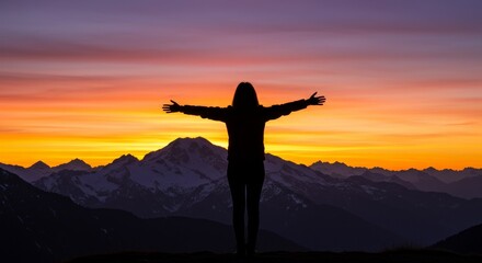 Fototapeta premium A lone figure stands in the mountains at sunset, gazing at the horizon.