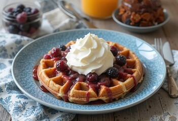 A homemade Belgian waffle topped with fresh berries and whipped cream