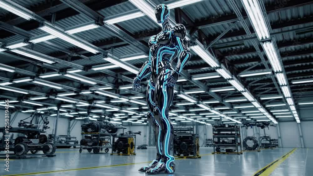 Leinwandbilder robotic figure emerges in futuristic factory setting highlighting cutting-edge technology and innova