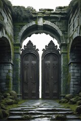 Fototapeta premium old stone bridge gate to the sky doors of hell, 