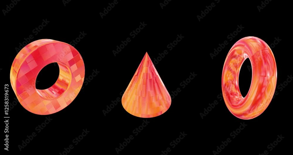 Poster set of 3 3d element animation with orange metal and mosaic tiles texture effects isolated on a black