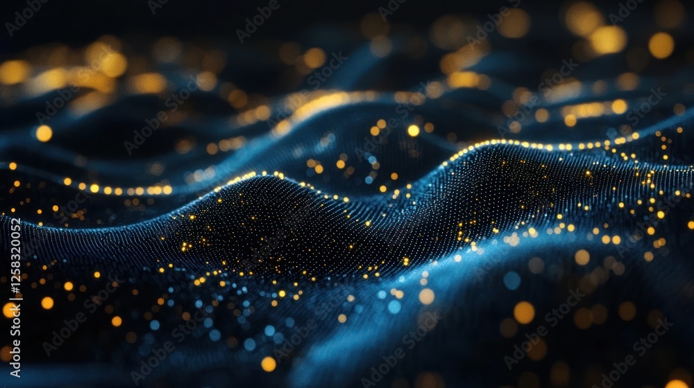 Poster a mesmerizing abstract visual featuring flowing waves of light with shimmering particles in blue and