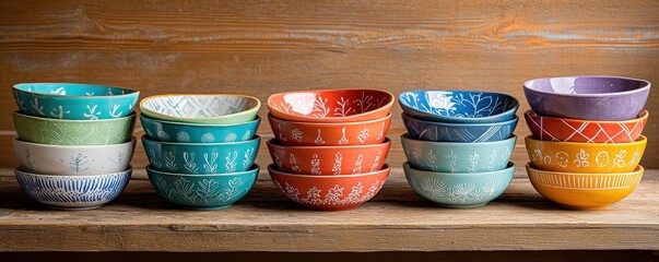 handicrafts pottery technique concept. Colorful stacked bowls on wooden surface, showcasing various patterns and textures.