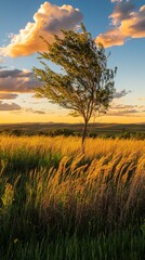 Fototapeta premium Lonely Tree in the Sunset Prairie Landscape