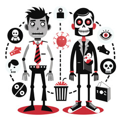 Illustrate diverse zombie infection methods across various films  viral spread, bite transmission, supernatural causes. Show distinct visual styles.