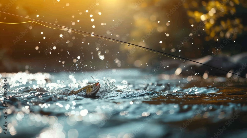 Aufkleber water ripples around a fish leaping from a clear river, while sunlight filters through trees, highli