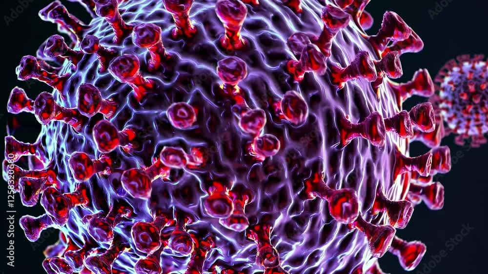 Poster close-up video still of a virus with a 3d rendering style, showcasing intricate surface details from