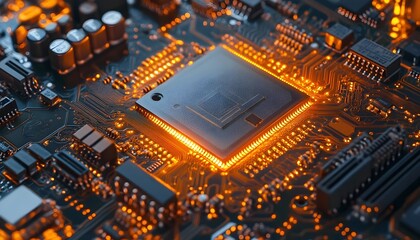 Close-up of illuminated circuit board with central processing unit