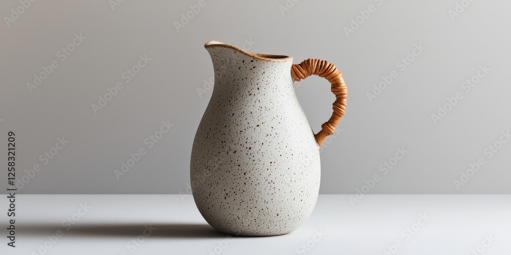 Poster handicrafts pottery technique concept. ceramic pitcher with a textured handle on a simple background