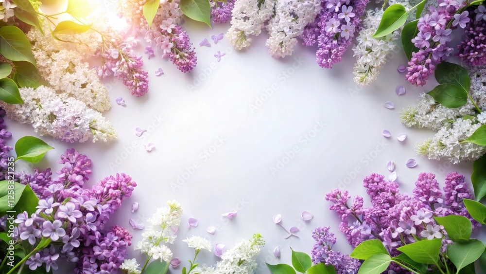 Poster lilac blossoms arranged in a springtime border around a blank space for text or images.