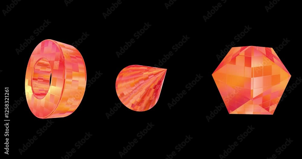 Poster set of 3 3d element animation with orange metal and mosaic tiles texture effects isolated on a black