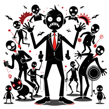 Depict a horde of zombies, diverse in decay, relentlessly advancing; illustrating the chaotic, unstoppable nature of uncontrollable impulses and societal collapse.