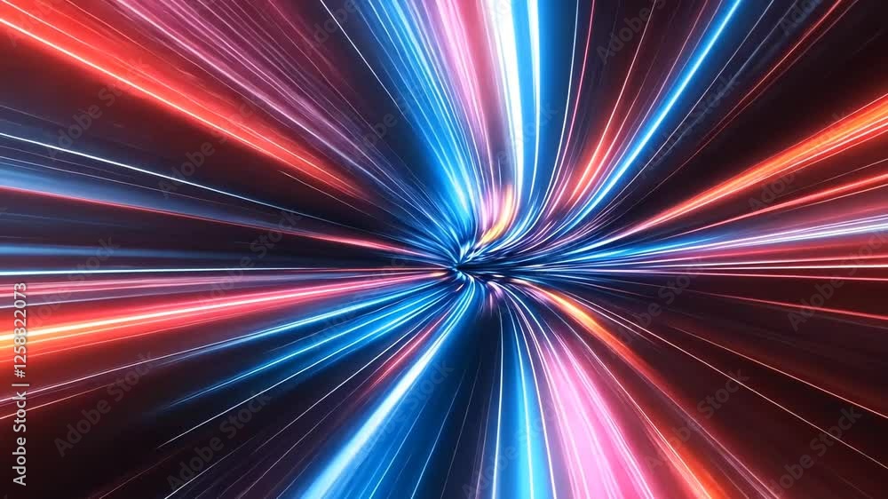 Poster a vibrant display of abstract motion with energetic blue and red light trails flowing and intertwini