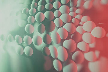looping spheres in shades of light green and red, gently pulsating and morphing in an elegant motion, perfect for ambient video use.
