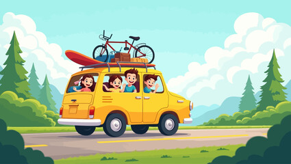 Family nature trip: Family members go on a pleasant nature journey by car. Vector illustration depicts a family road trip and outdoor adventure in flat design style.