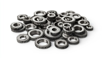 Pile of metal gears on white background; industrial machinery concept