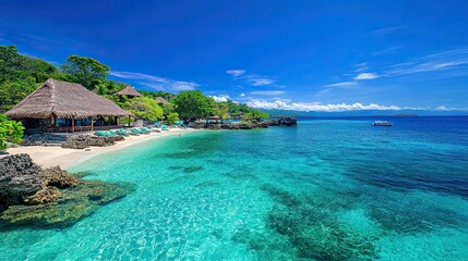 Fototapeta premium On a panoramic blue backdrop, a note paper and information sign with copy space