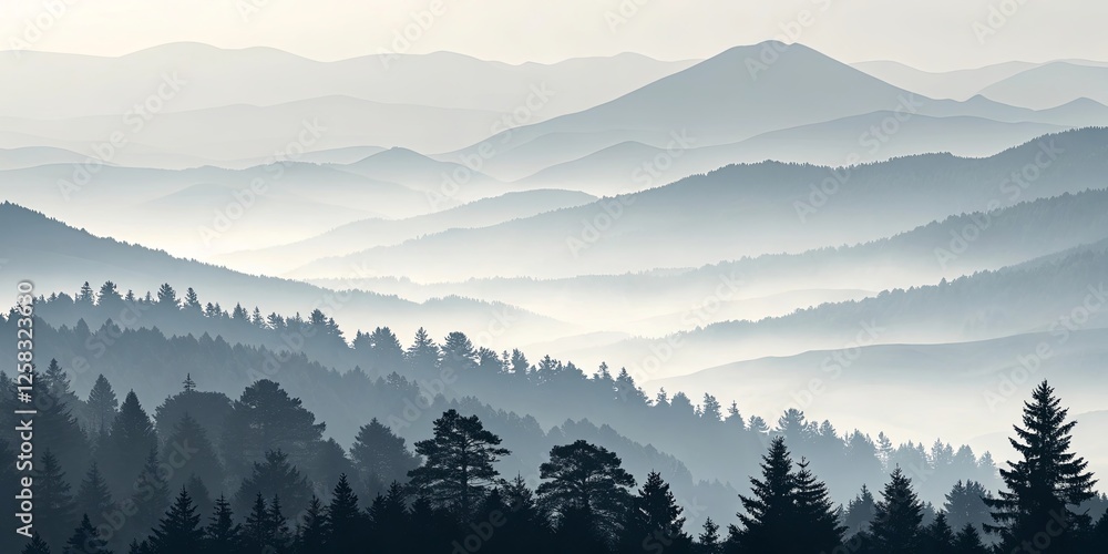 Poster a mountain range with trees and a foggy sky