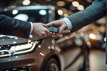 Buy second-hand auto or rent a car concept, Close-up hand of used car agent giving an auto key to client