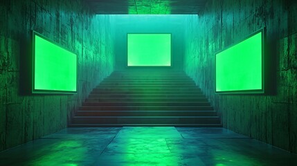 Futuristic Empty Gallery with Green Ambient Lighting and Blank Screens on Stairs