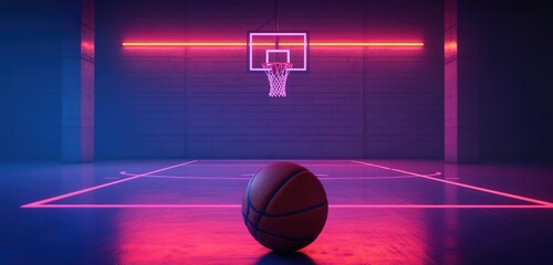 A basketball is placed at the center of an indoor court, with neon lights shining in front and behind it.