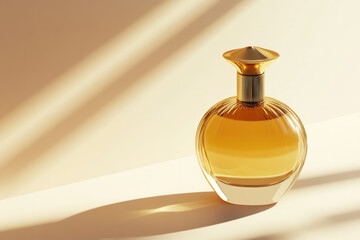 luxury perfume bottle in gold, beautifully placed on a minimalist surface, reflecting light for an elegant and refined look.