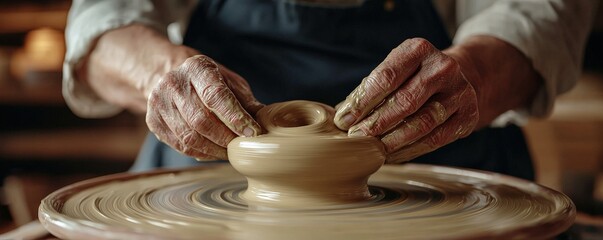 handicrafts pottery technique concept. Craftsman shaping clay on a pottery wheel with hands.