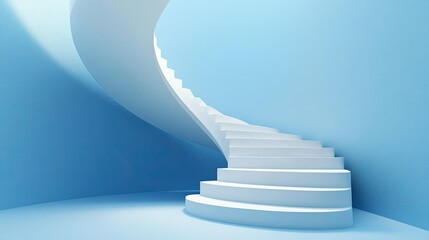 On a blue background, a white arrow follows the spiral staircase of growth. 3D representation of an arrow ascending a spiral staircase, 3D steps with an upward-pointing arrow