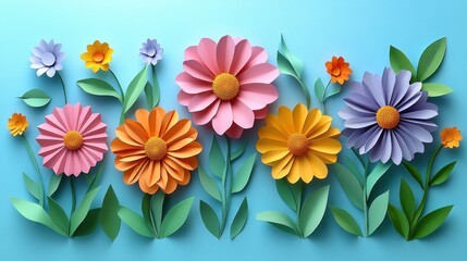 Colorful paper flowers on light blue background