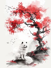 Naklejka premium watercolor, tattoo design, Chinese painting style red tree with a smiling Samoyed sitting in front, cute, sitting, full body shot, detailed, clear body,