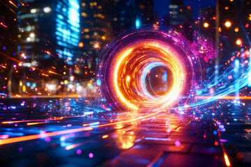 Obraz premium Futuristic quantum tunnel with glowing energy particles in urban landscape, abstract waves emanating from core, representing science and technology in daily life