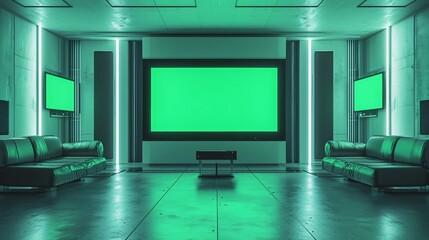 Modern lounge with vibrant green lighting and large screens for entertainment purposes