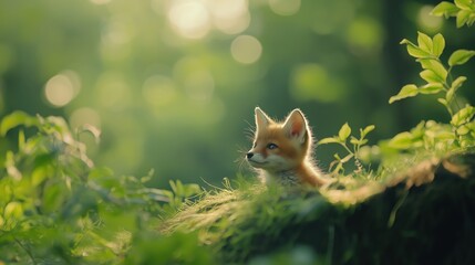 Adorable Fox Cub In Sunlit Forest And Green Foliage Environment In Focus And Depth with Natural Ligh
