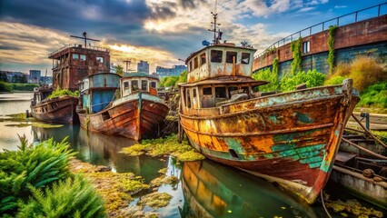 Obraz premium Abandoned Boats, Urban Decay, Rusty Hulls, Grungy Docks, Industrial Waterfront