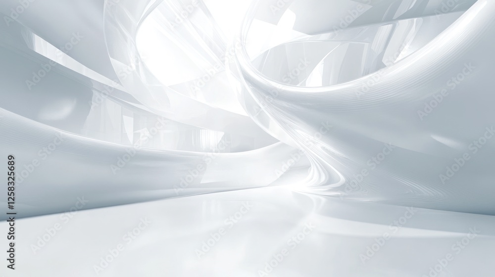 Poster a minimalistic, modern interior space with flowing curves and soft light, creating a serene atmosphe