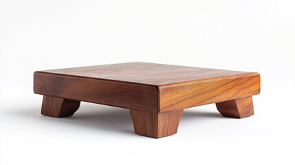 Low wooden display pedestal stand with a polished finish, showcasing natural wood texture
