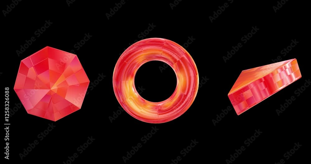 Poster Set of 3 3d element animation with orange metal and mosaic tiles texture effects isolated on a black background. Standard speed. 3d element animation footage for graphic design.
