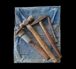 tools on tool bag on back background