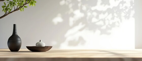 A minimalist scene featuring a black vase, a bowl, and gentle shadows on a light background, evoking a serene and stylish ambiance.