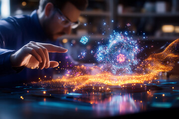 Title: Scientist in a lab analyzing quantum communication data on a holographic screen with quantum bits floating above the table in a futuristic research environment