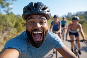 Fototapeta premium An ecstatic cyclist poses for a selfie with friends while biking under a bright sun, showcasing their collective enjoyment and outdoor adventure spirit.
