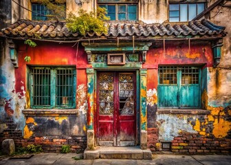 Fototapeta premium Abandoned Building Facade, Beijing Urban Exploration, Decaying Structure, Graffiti Art, Chinese Cityscape