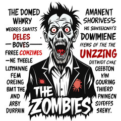 Illustrate the stereotypical characteristics of a zombie decaying flesh, slow movement, hunger, vacant stare, and shambling gait.