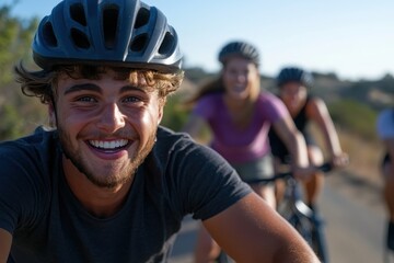 Fototapeta premium A joyful cyclist beams while riding alongside friends, capturing the essence of fun and friendship amidst a beautiful outdoor setting during a sunny day.